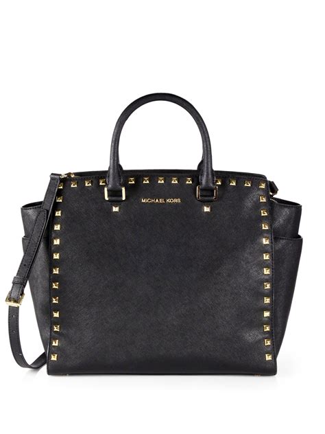 michael kors black leather book bag|Michael Kors black studded handbag.